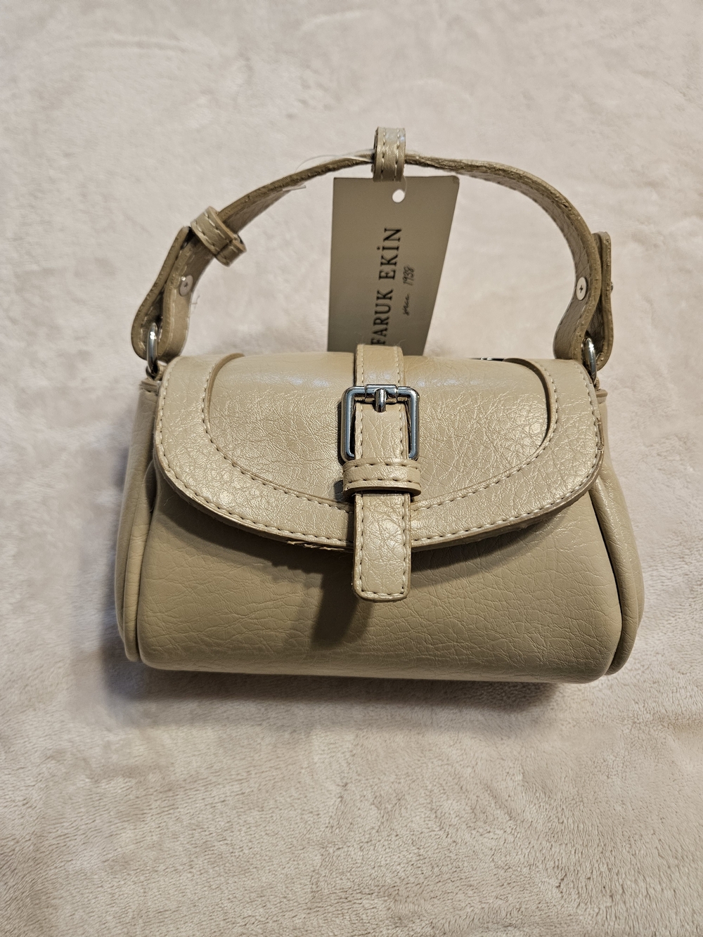 New Beige Leather Top-Handle Mini Baguette Front Flap Buckle